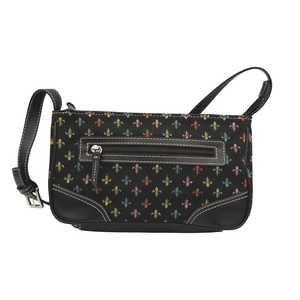Crazy Horse Fleur-De-Lis Shoulder Bag Women Small Black Multi-Color Y2K Baguette